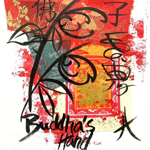 Original Art “Buddha's Hand” Artwork Signed Asian Fusion Collage Painting 9”x12”